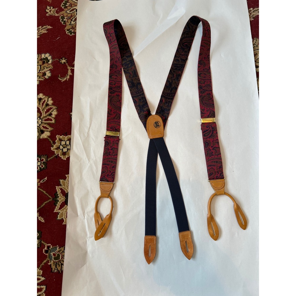 Cole Haan Red Gold Paisley Print Suspenders with‎ Solid Brass Leather Braces
